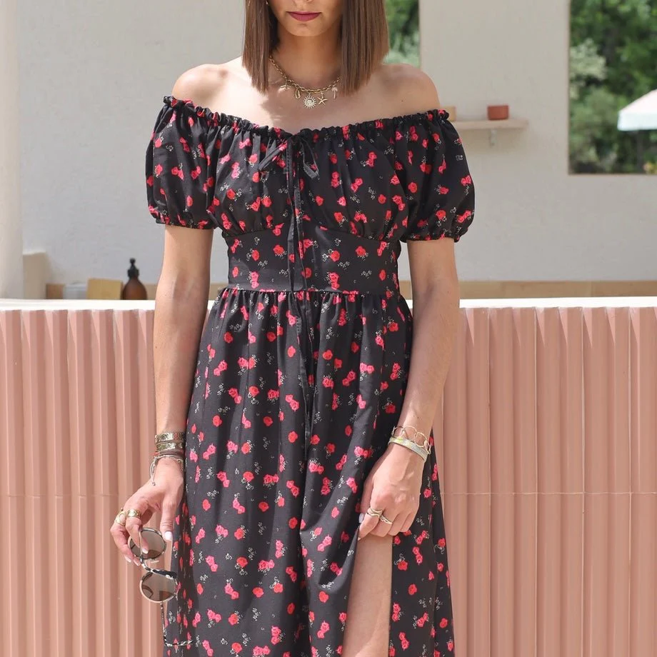 ROBE LONGUE NOIRE ET FLEURS ROUGES IRIA - Image 2