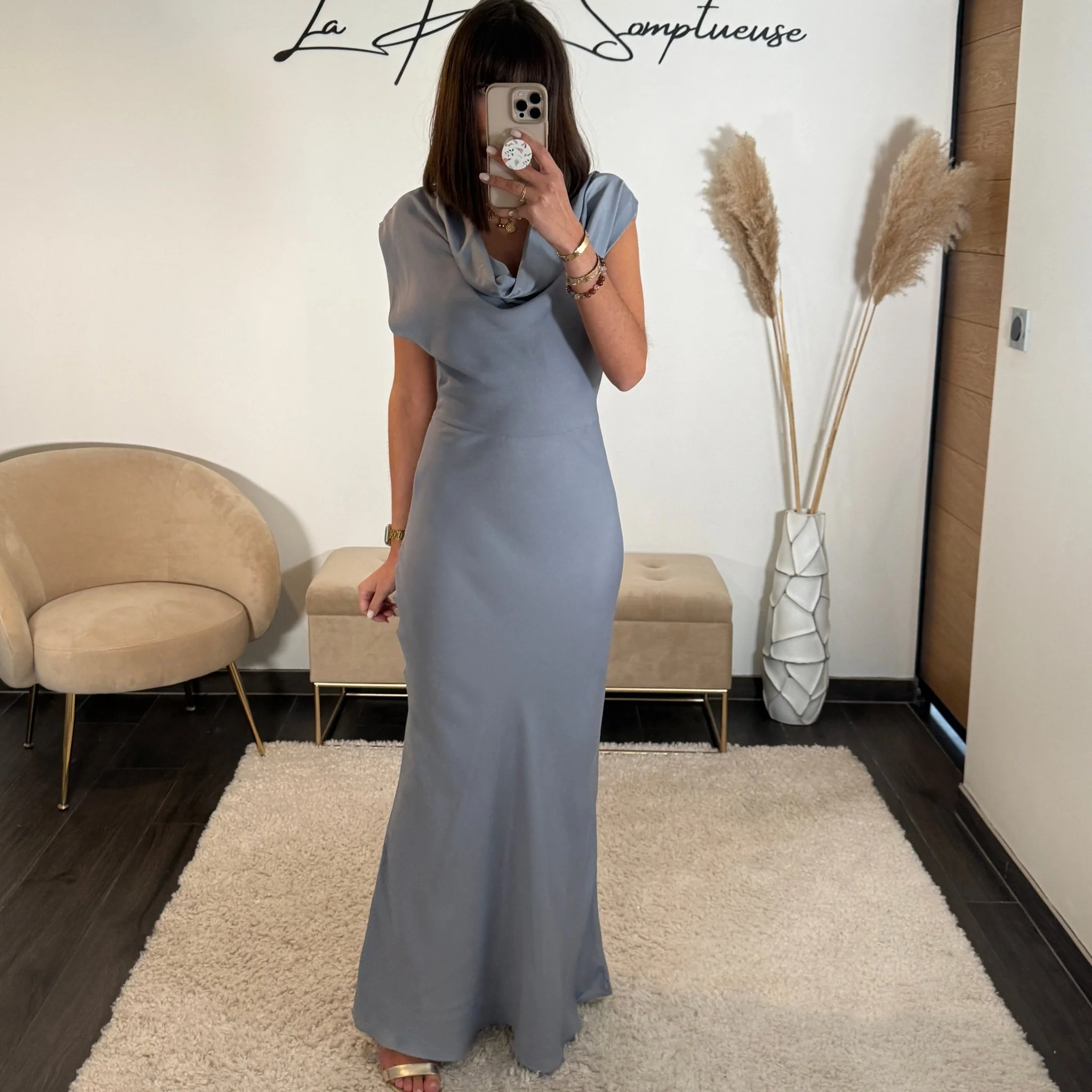 ROBE LONGUE SATIN BLEU LALY