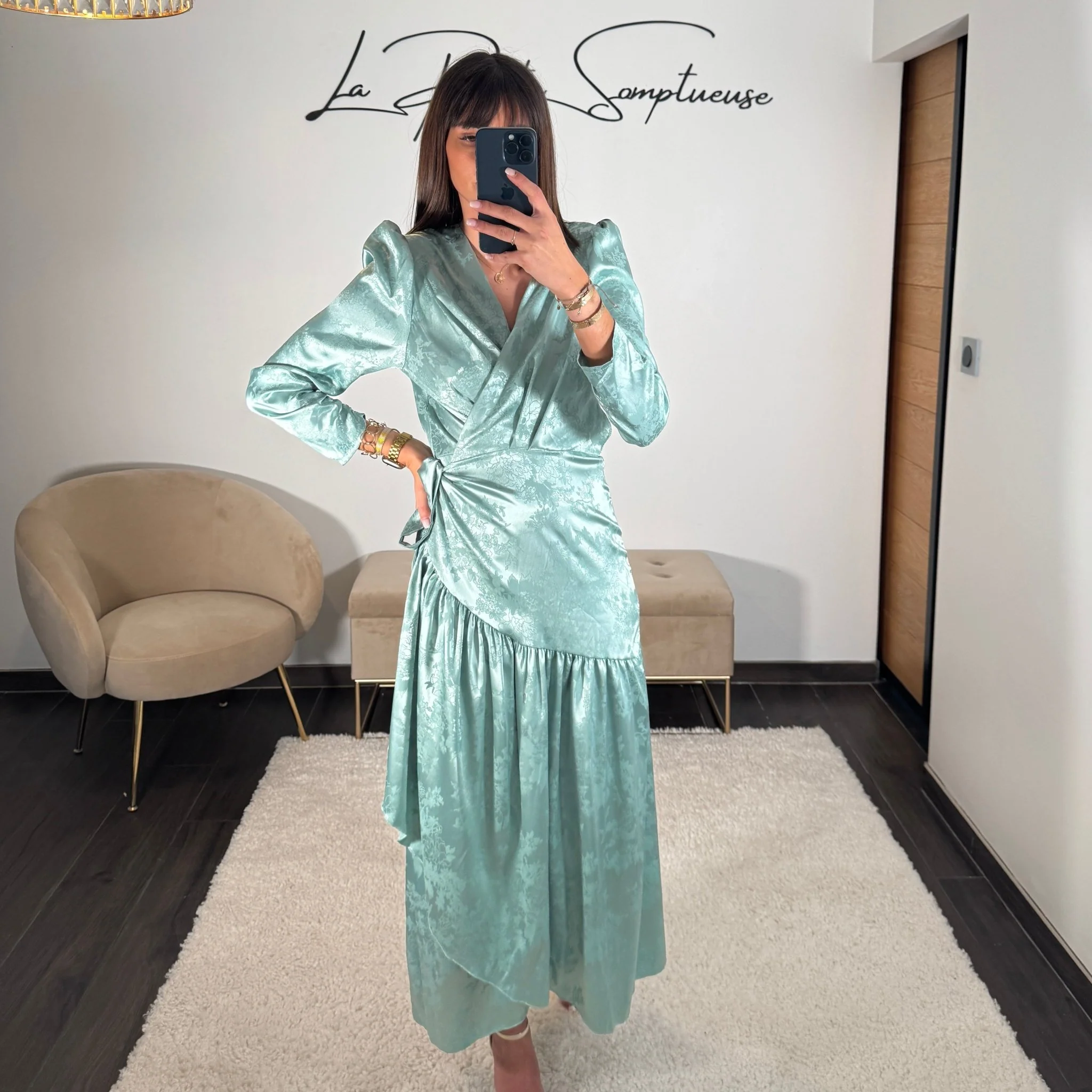 ROBE SATIN FLOWER VERT D'EAU ZANYA