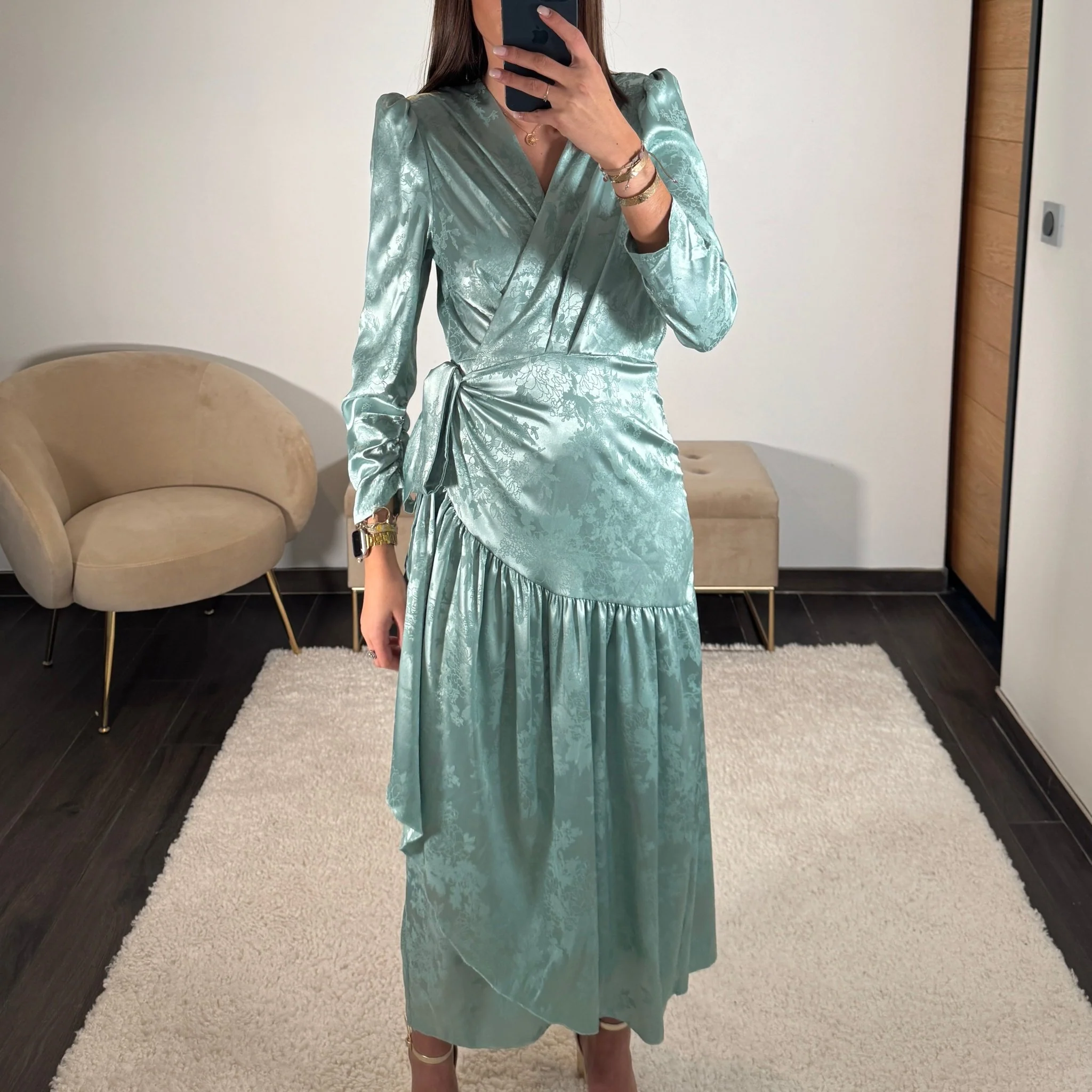 ROBE SATIN FLOWER VERT D'EAU ZANYA - Image 2