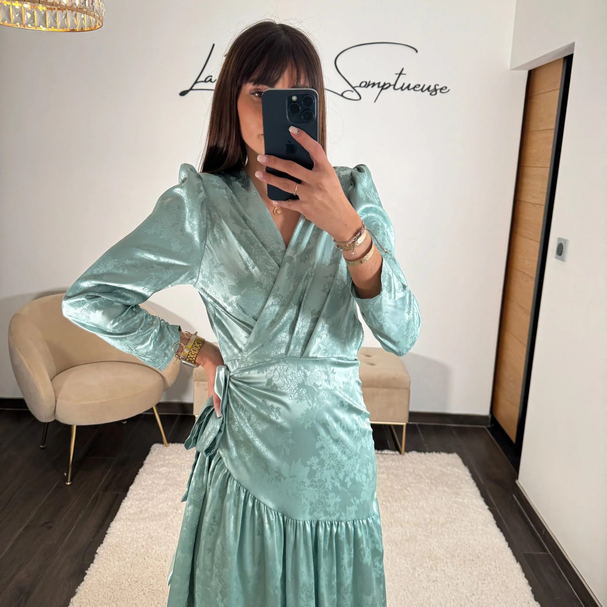 ROBE SATIN FLOWER VERT D'EAU ZANYA - Image 3