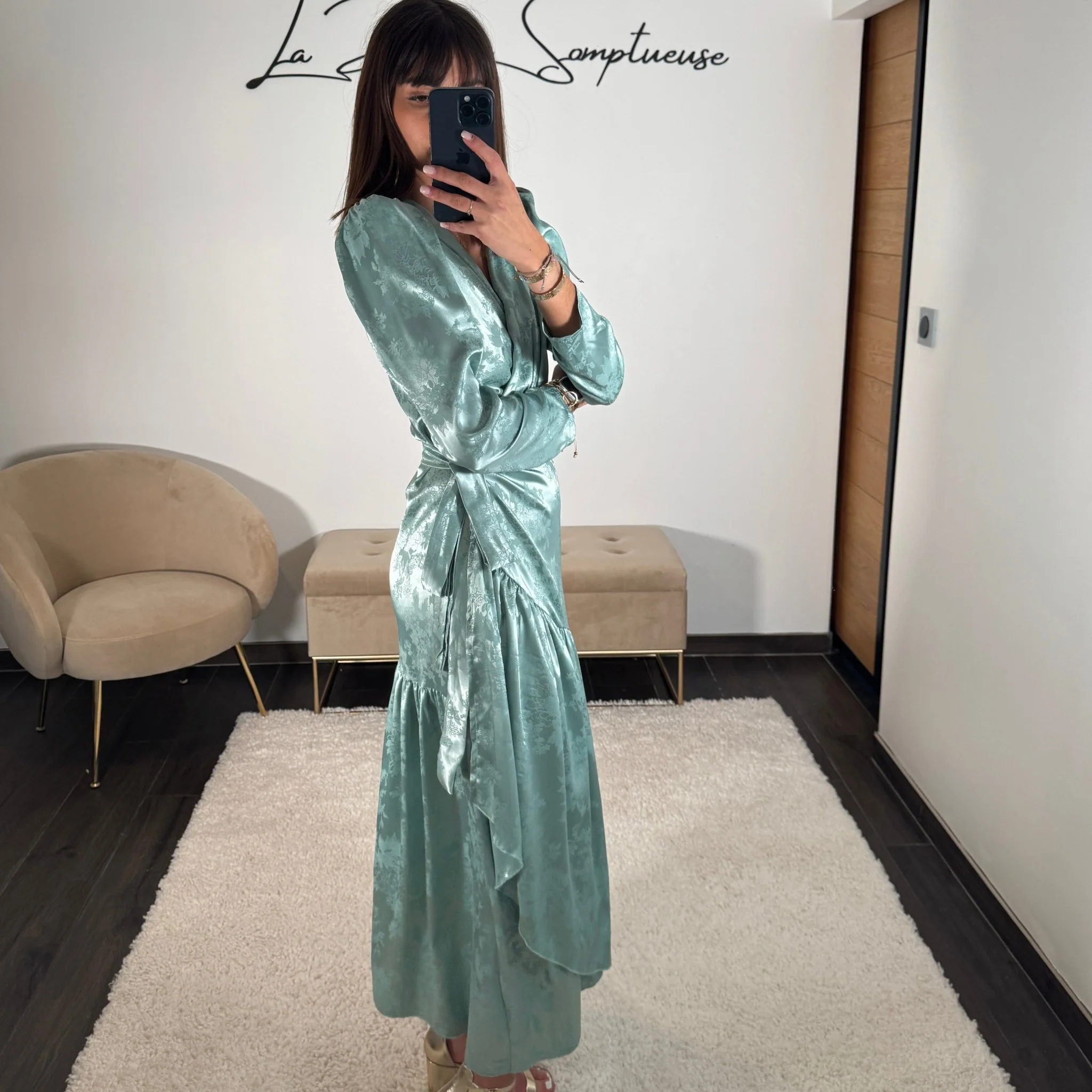 ROBE SATIN FLOWER VERT D'EAU ZANYA - Image 4