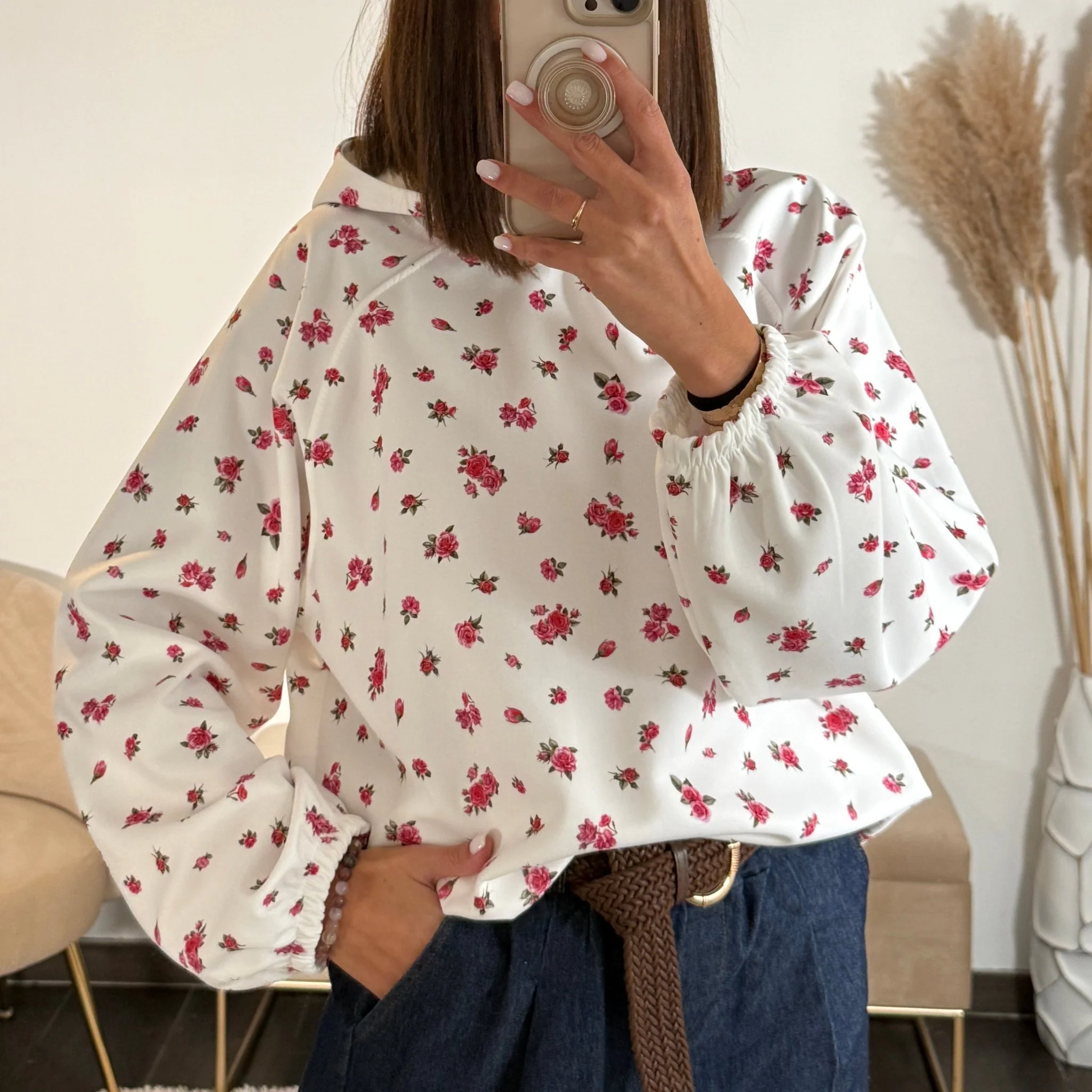 SWEAT BLANC FLEURI ROSE ISIS