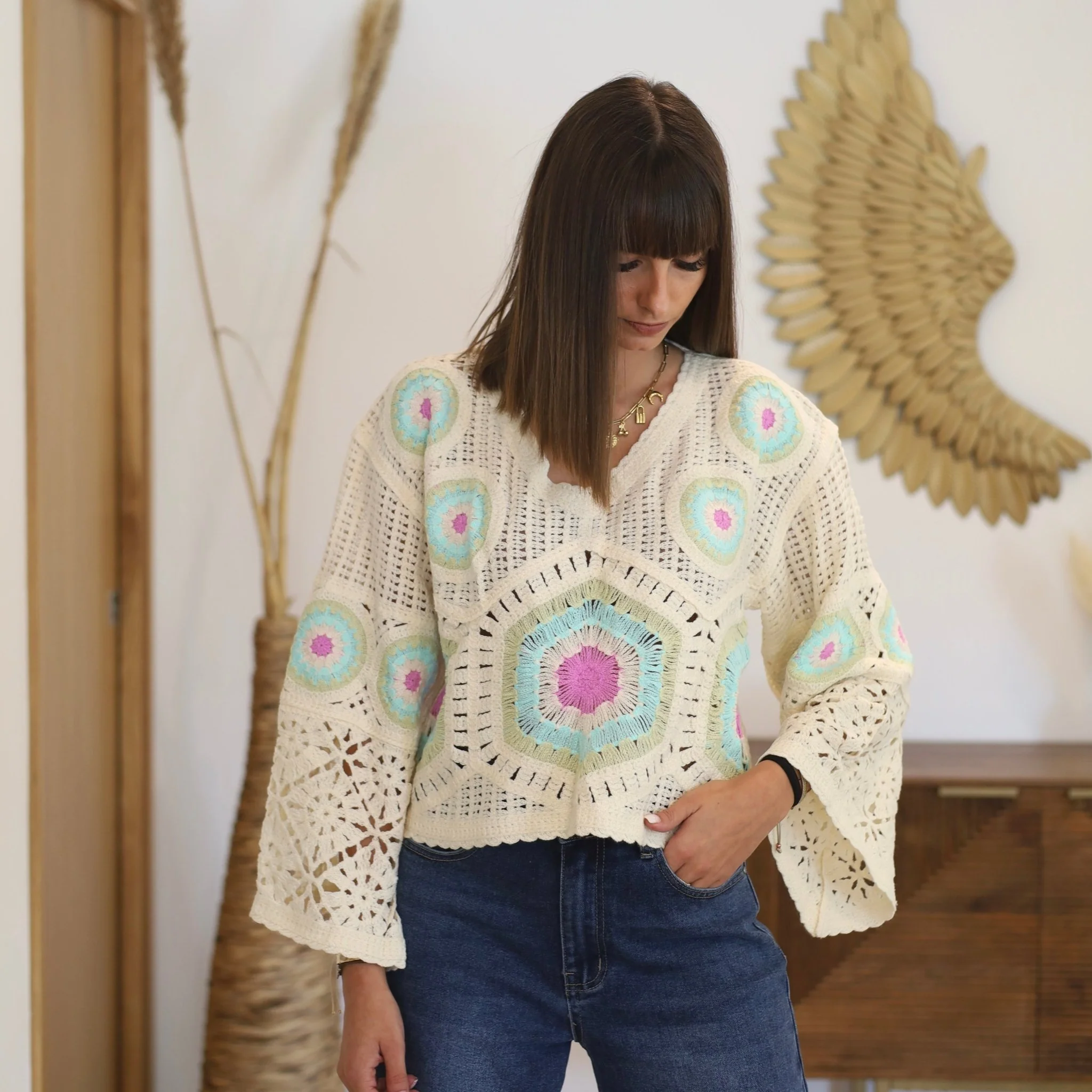 TOP CROCHET BEIGE/BLEU SANDY