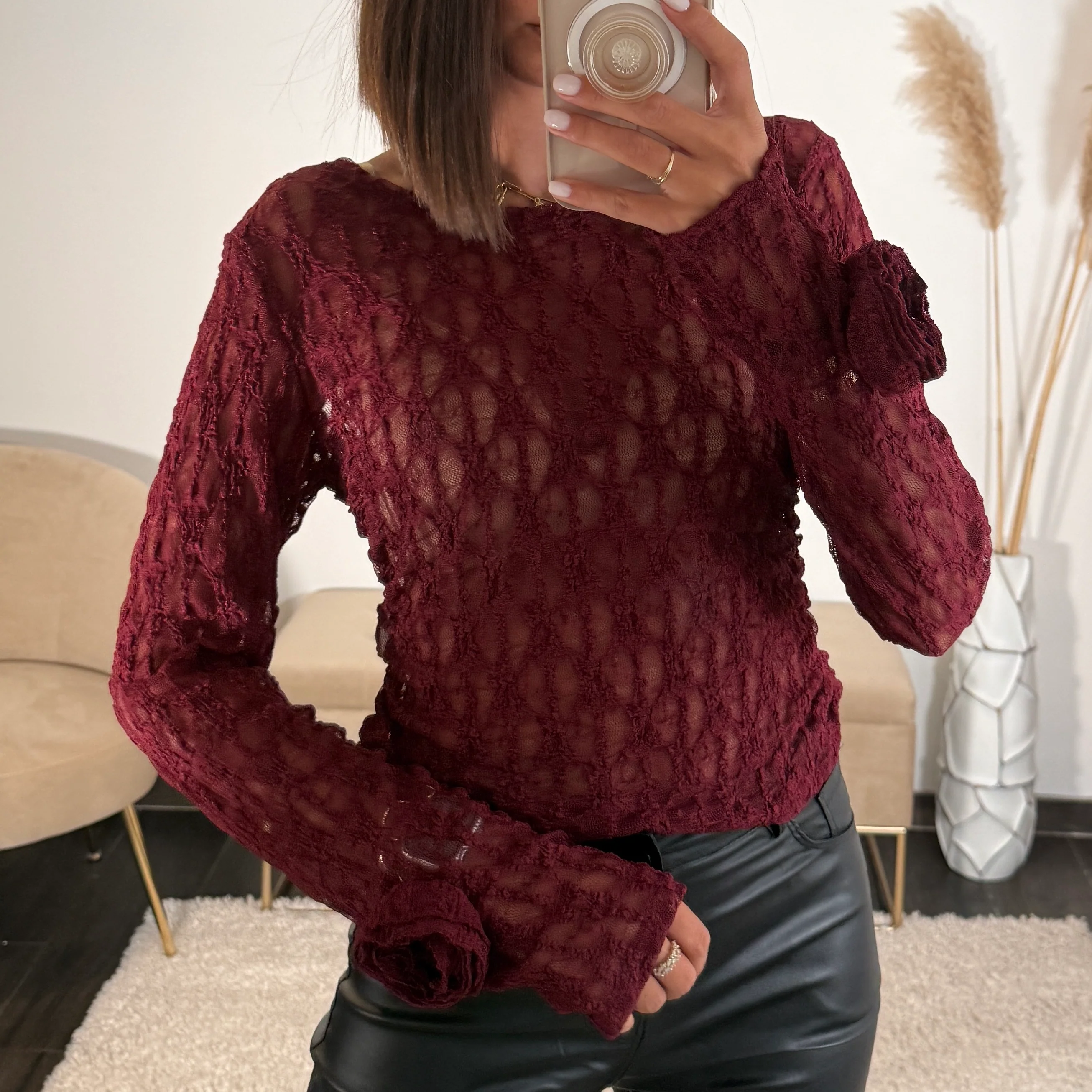 TOP DENTELLE FLOWER BORDEAUX