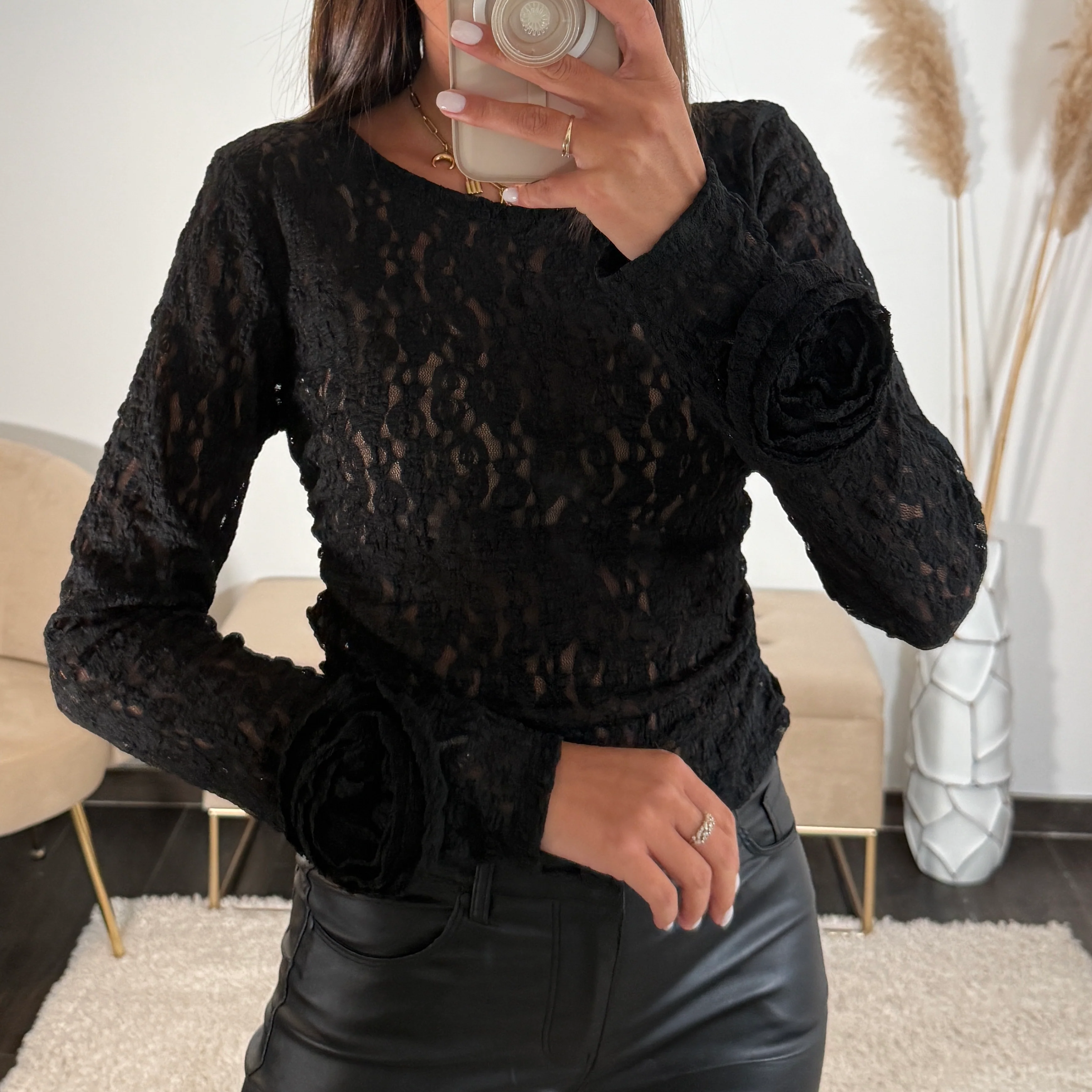TOP DENTELLE FLOWER NOIR