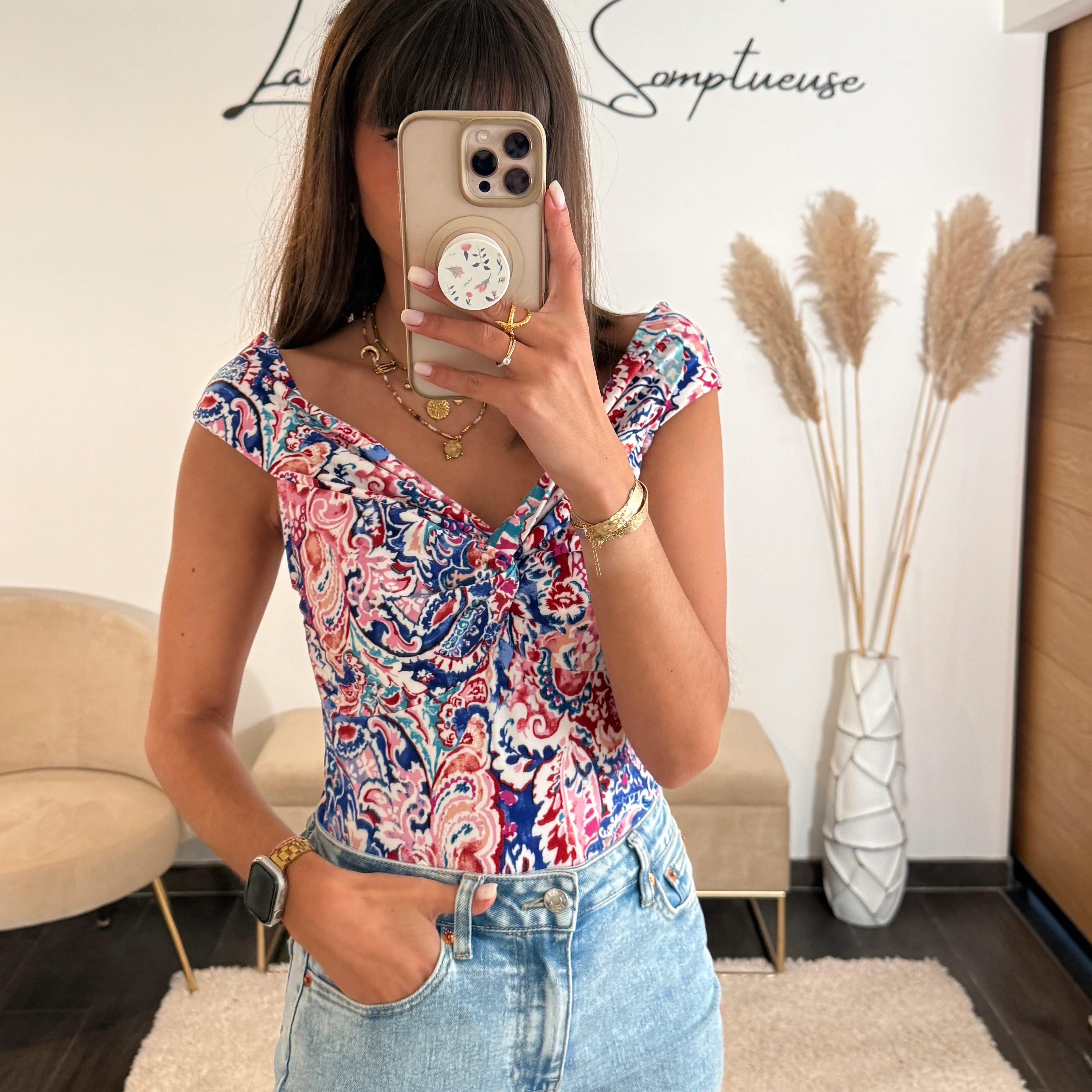 TOP FLOWER BLEU ET ROSE MIRA