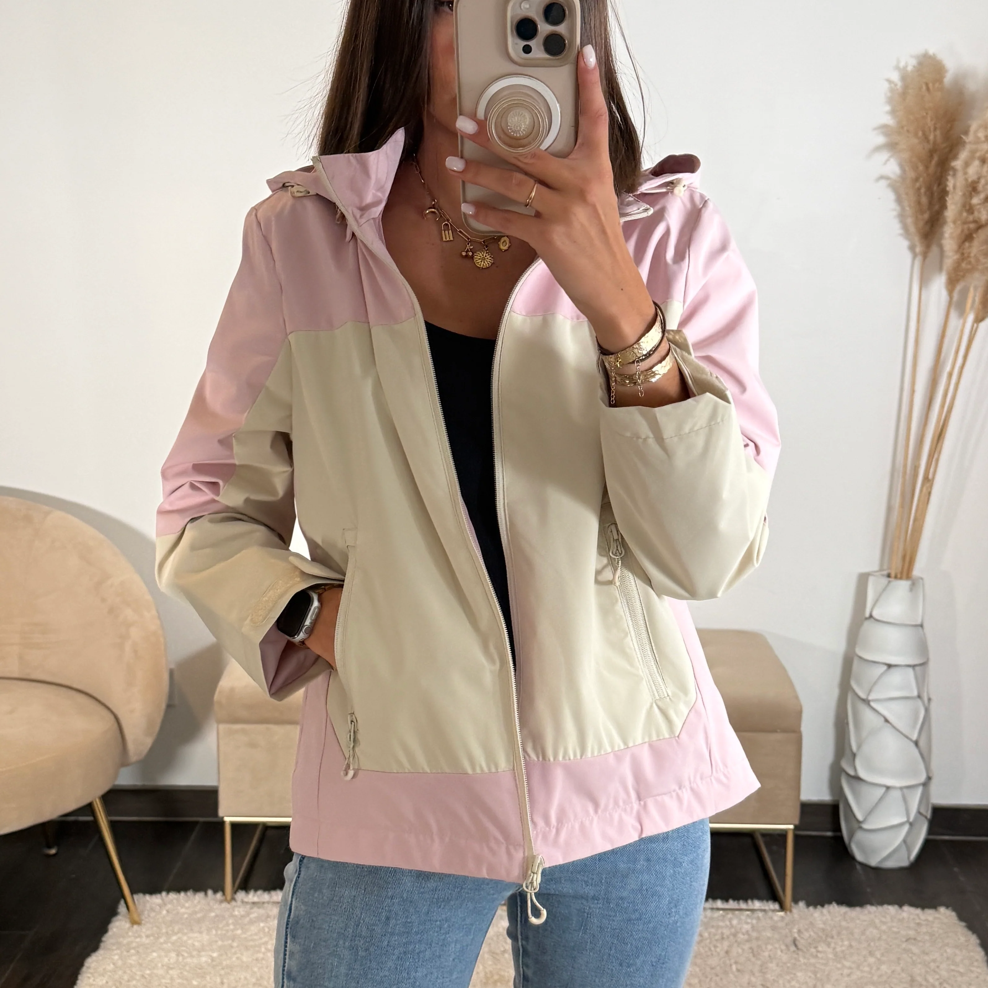 VESTE IMPERMEABLE ROSE/BEIGE ISIA - Image 2