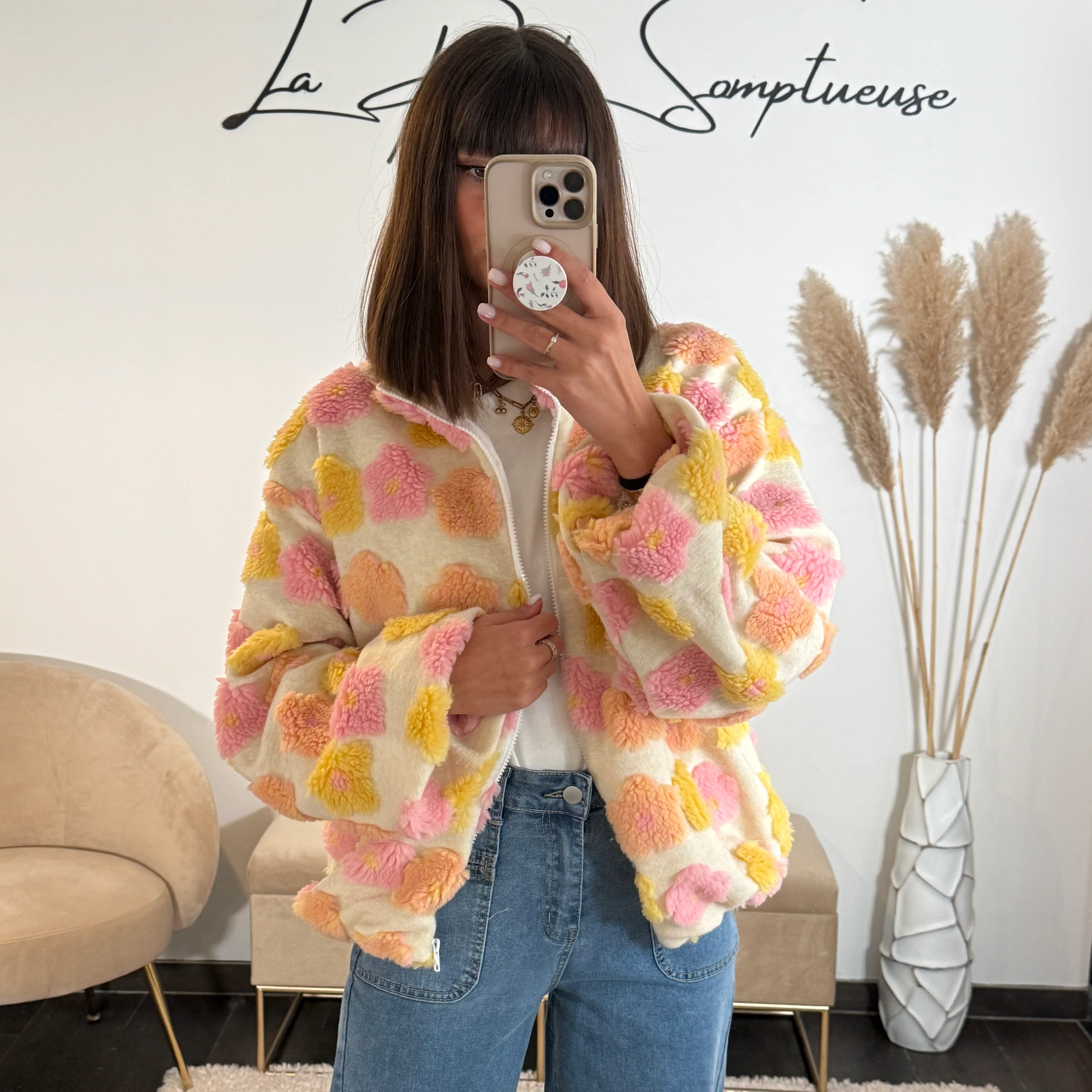 VESTE POLAIRE FLOWERS JAUNE ROSE