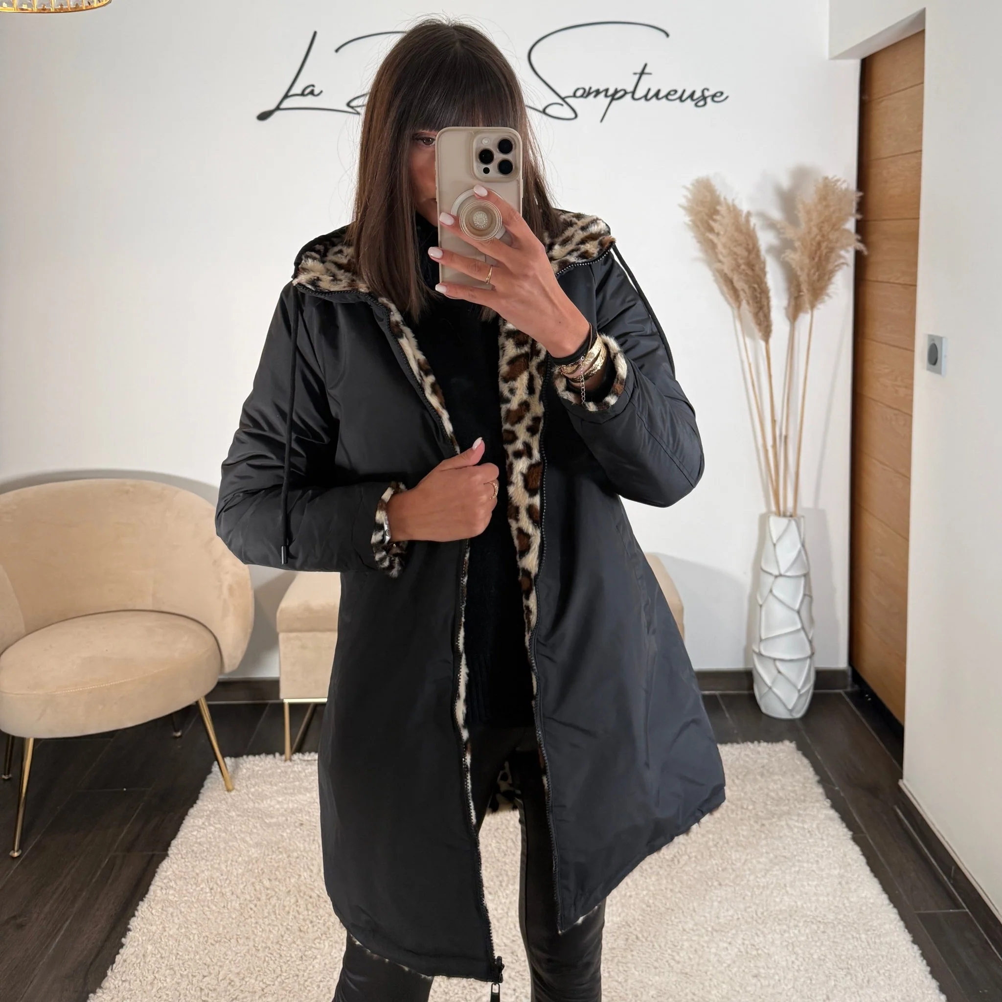 VESTE REVERSIBLE IMPERMEABLE LEOPARD NOIR