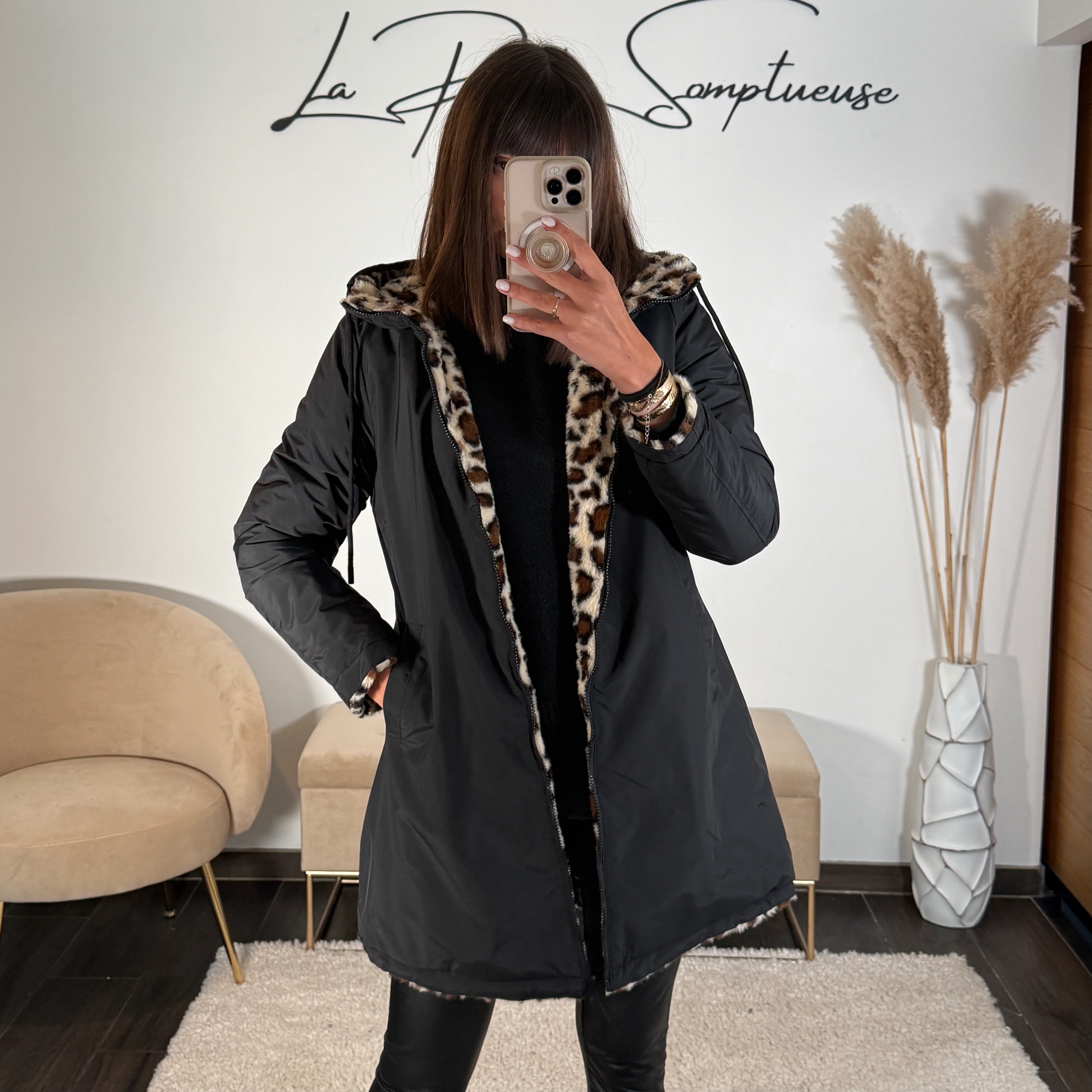 VESTE REVERSIBLE IMPERMEABLE LEOPARD NOIR - Image 3